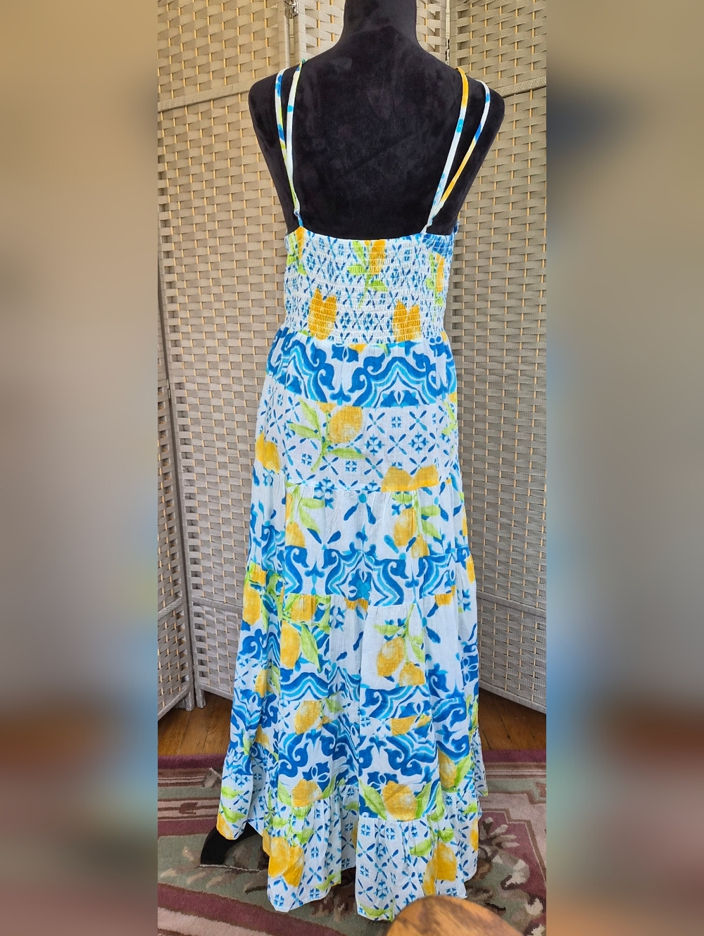 🍋Lemon Tile Print Maxi Dress w/ Beaded Accents-Blue & Yellow - Picture 3 of 10